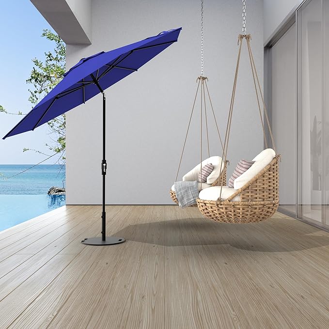 Midtown Umbrellas The Swilt 8 Feet Patio Umbrella in Terylast Midnight (Royal Blue) Polyester Fabric - Fiberglass Ribs, Auto-Tilt Aluminum Frame For Backyard, Deck, Garden, Pool - White Pole