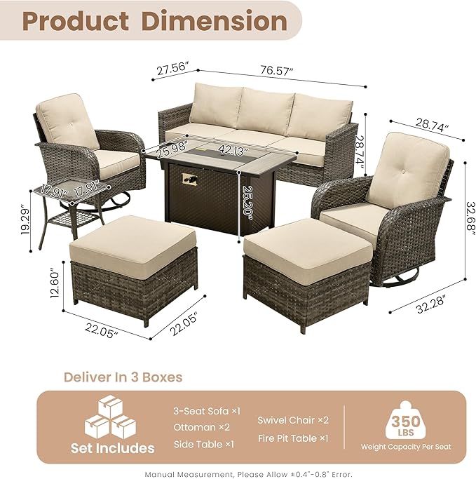 HOOOWOOO Outdoor Patio Furniture Set,7 Pieces Wicker Conversation Set,All Weather Couch Set with Fire Pit Table Swivel Chairs Ottoman 7 Seaters for Out Door Yard(Beige)