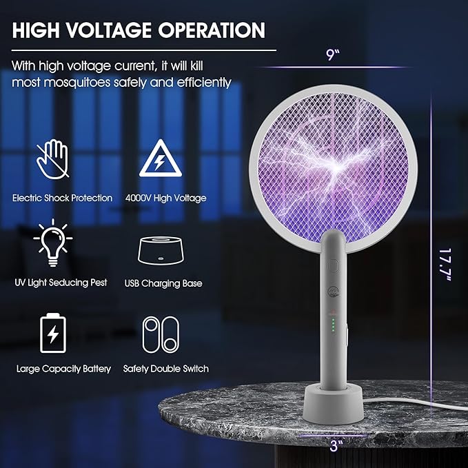 Electric Fly Swatter Racket, 2 in 1 Bug Zapper with USB Rechargeable Base, 4000 Volt Mosquito Killer with 3-Layer Safety Mesh for Pest Insect Control for Indoor、Office、Backyard、Camping(Gray-2 Pack)