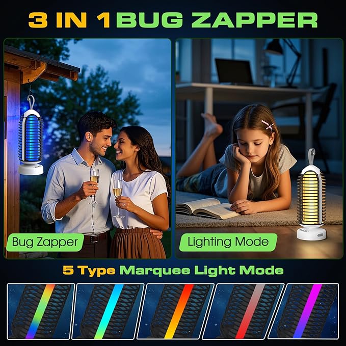 Bug Zapper Outdoor Indoor, 2 Pack Cordless Mosquito Zapper with LED Lights and Marquee Lights, Rechargeable Fly Zapper Outdoor Waterproof for Camping, Patio, Backyard, Garden, Home
