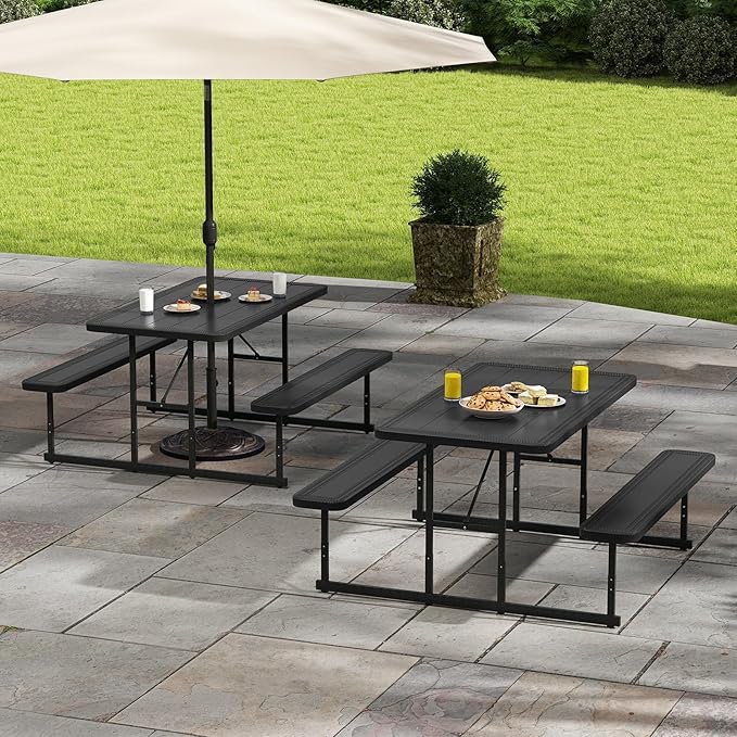 Tangkula Picnic Table, HDPE Outdoor Rectangular Table Bench Set with 2 Built-in Benches, Umbrella Hole, Metal Frame for 4 Person, Garden Yard Patio Lawn