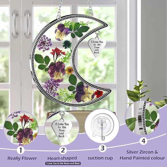 KY&BOSAM Moon Suncatcher I Love You to The Moon and Back Stained Glass for Window Hangings Wind Chime Decor with Pressed Real Flower and Metal Charm Birthday Gift for Women Mom Mother`s Day Christmas