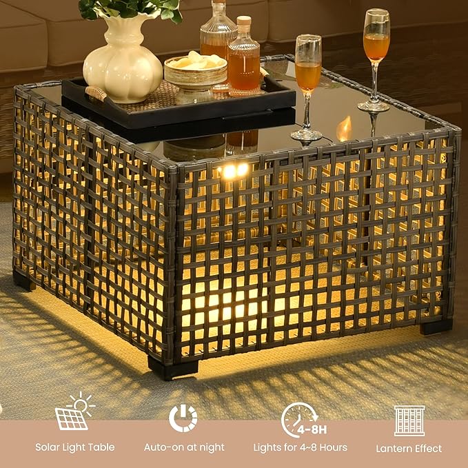 HOOOWOOO Outdoor Patio Furniture Set,9 Pieces Wicker Conversation Set,All Weather Couch Set with Swivel Chairs Solar Light Table Ottoman 9 Seaters for Out Door Yard(Brick Red)