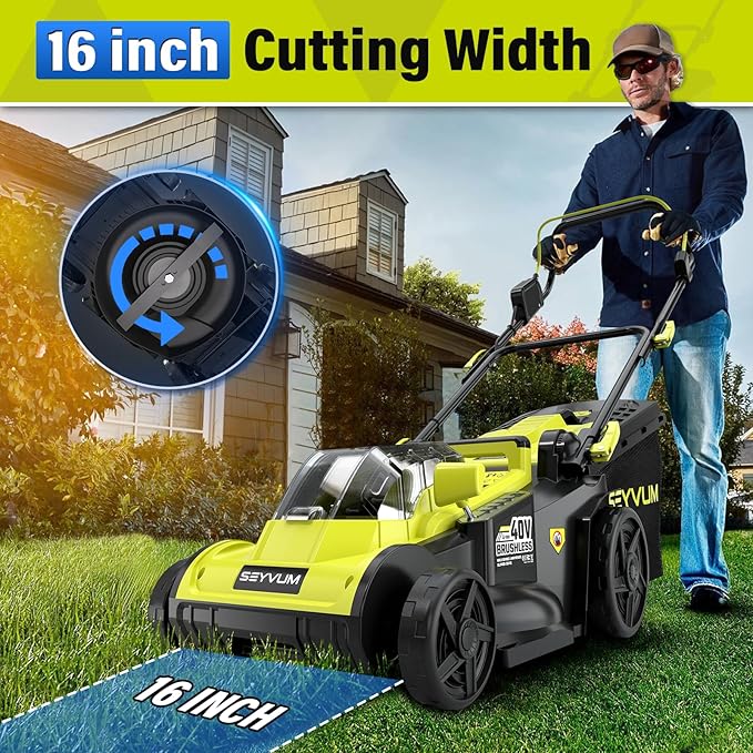 SEYVUM 40V 16-inch Cordless Lawn Mower with 45L Grass Collection Bag, 6 Position Height Adjustment Electric Lawn Mower, 2 x 20V 4.0Ah Battery Powered Push Lawnmower, 2.4A Fast Charger