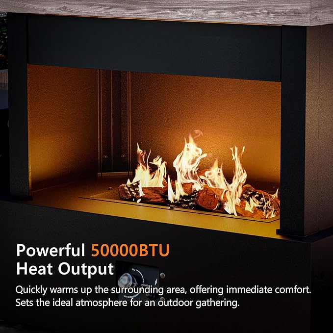 Outdoor Propane Fireplace w Tank Table, 50,000 BTU Gas Fire Pit with Ceramic Logs, Rain Cover, 35 Inch Steel Metal Smokeless Fireplace for Patio, Deck, CSA Certified (35 x 40 Inch)