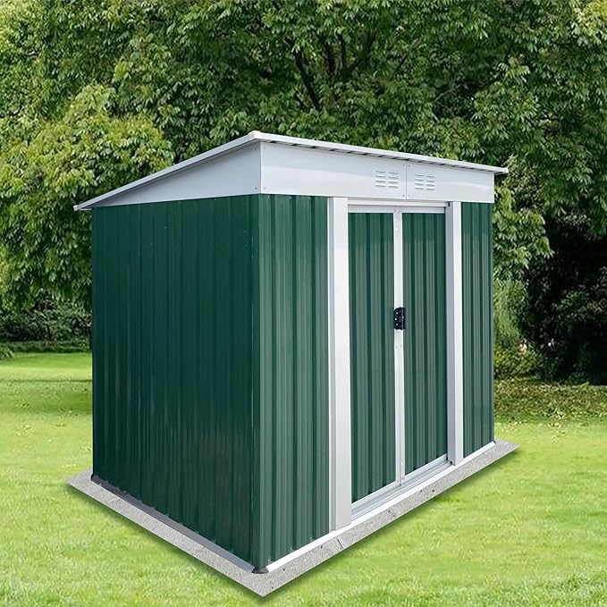 6x4FT Storage Shed with Sliding Door,Metal Outdoor Tool House W/Sloped Roof,All Weather Waterproof,for Backyard,Patio,Lawn,Garden,Green
