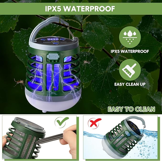 2 Pack 3 in 1 Bug Zapper USB Rechargeable Mosquito Killer Portable Waterproof Mosquito Repellent Outdoor Indoor LED Lantern Bug Zapper Camp Light SOS Emergency Light for Home, Backyard, Patio (Green)