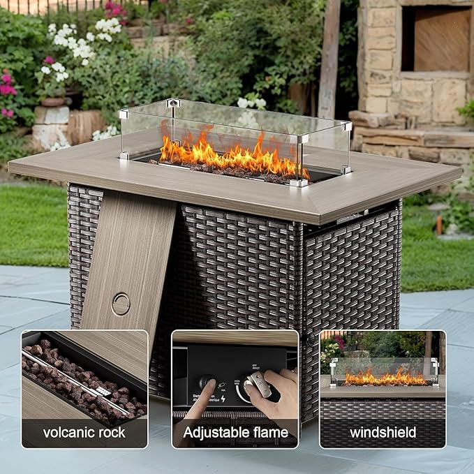Luxury High Back Outdoor Furniture 6-Inch Thick Cushions with 50,000 BTU Gas Propane Fire Pit Tablet, Patio Furniture Set with Swivel Chairs, 6 PCS for Porch, Balcony, Deck and Yard