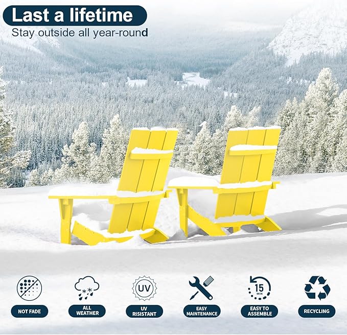 MXIMU Adirondack Chair Set of 2: Modern Adirondack Chairs Fire Pit Chairs Plastic Outdoor Chairs for Lawn Backyard Deck Garden Camping (Yellow)