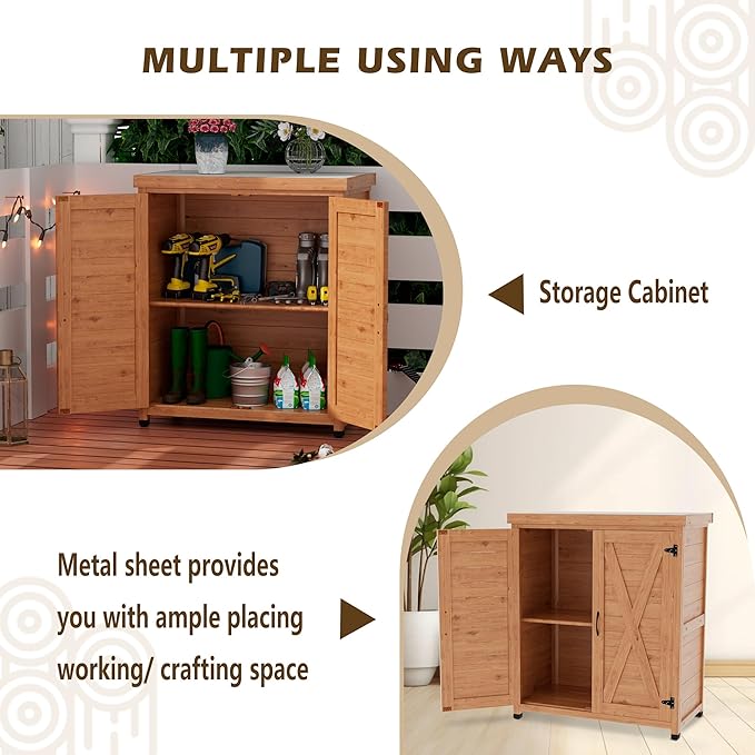 Outdoor Storage Cabinet Garden Potting Bench Table with Metal Tabletop, Solid Wood Planting Work Bench Table for Backyard Patio Lawn, 31×18×36" (Wood)