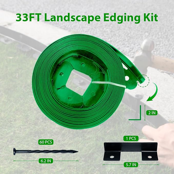 Landscape Edging Border 33 FT 2 Inch Tall with 60 Spikes, Plastic Edging for Landscaping, Garden Edging Border๏ผ Flower Bed, Paver and Lawn Edging Border, Green
