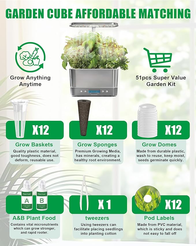 51Pcs Hydroponic Pods Kit:Supplies for Aerogarden Pods,12 Grow Sponges,12 Grow Baskets,12 Pod Labels,12 Grow Domes,with 200ml Plant Food Nutrient,1 Tweezers - Hydroponics Supplies for Most Brand