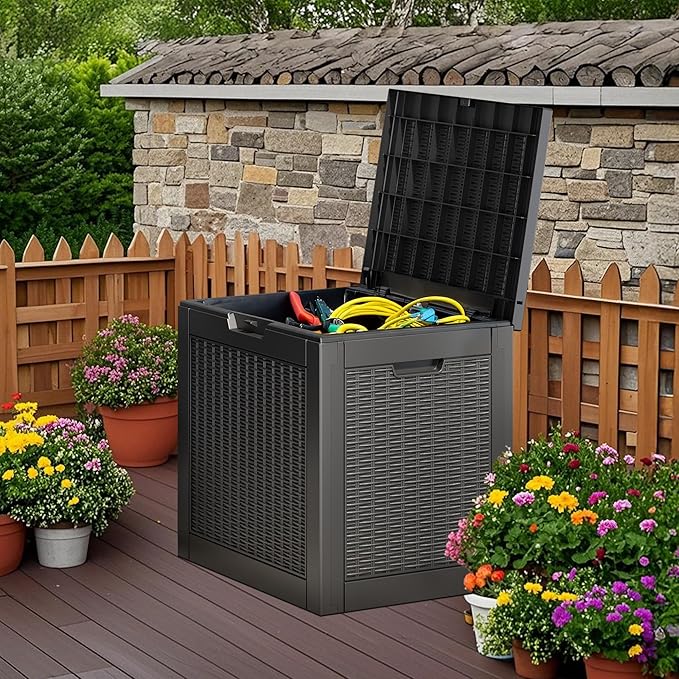 NUNU LAB 30 Gallon Waterproof Outdoor Storage Box, Lockable Resin Deck Box Bench for Patio Cushions, Garden Tools, Pool Accessories & Package Deliveries â Black