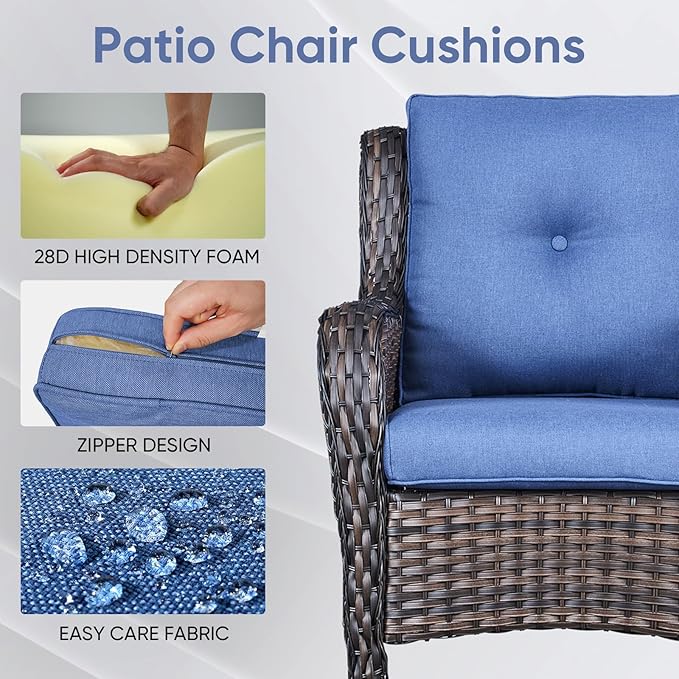 7-Piece Outdoor Patio Cushion Set - Fade & Water Resistant with Removable Olefin Cover, 22x24x4 Inch Memory Foam Cushions for Wicker Sectional Sof - Blue/Buckle