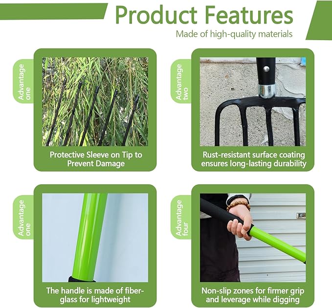 Pitch Fork-57 Inch,5-Tine Steel Garden Fork Heavy Duty, Mulch with Cushion Grip, Green Fiberglass Handle