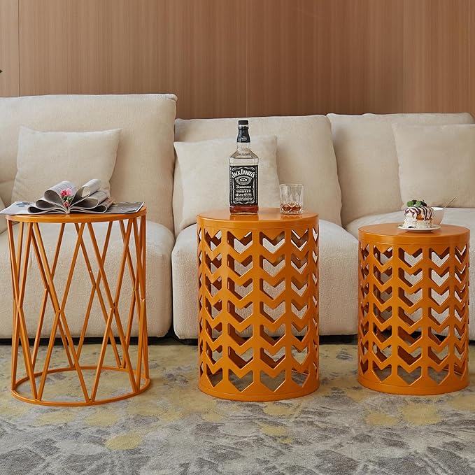 Y&M Set of 3 Stacking Coffee Table for Living Room, Patio Side Table,Indoor End Tables for Bedroom, Outdoor Decorative Garden Stool with Heavy Duty Metal Frame Modern Industrial Decor - Orange
