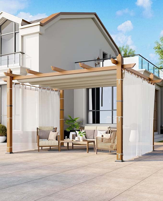 10x13 Ft Outdoor Aluminum Pergola, Upgraded Faux Wood Grain Retractable Pergola with Adjustable Roof & Side Mesh Screen, Modern Metal Patio Gazebo for Deck, Backyard, Porch, Vineyards, Beige + White
