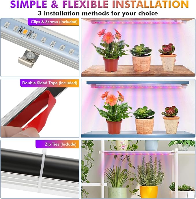 4 Pack Plant Grow Light Strip,LED Growing Lamp for Indoor Plants, Full Spectrum Plant Lights with Auto ON/Off Timer, 10 Dimmable Brightness, 3 Switch Modes, Dual Controllers