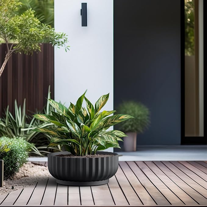 Kante Round Fulted Bowl Planter, 20.9 Inch Dia Large Concrete Flower Pots with Drainage Hole and Rubber Plug, Suitable for for Indoor Outdoor Plants, Home, Patio, Garden, Black