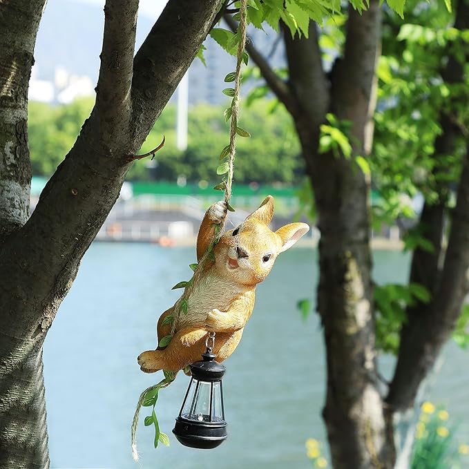 Joliyoou Solar Light Outdoor Statues, 6.9" H Resin Rabbit Climbing On A 23.6" L Vine with LED Lantern, Waterproof Hanging Bunny Figurine with Hook for Easter Yard Garden Wall Balcony Tree Decoration