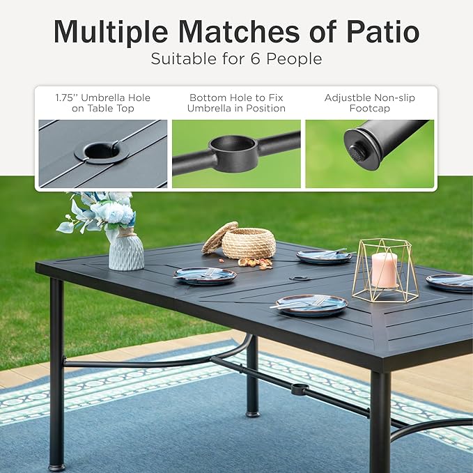 PHI VILLA 7 Piece Patio Dining Set, 6 Outdoor Swivel Patio Chairs & 1 Rectangular Large Metal Table (1.7" Umbrella Hole), All Weather Dining Furniture Set for Lawn Garden (Blue)