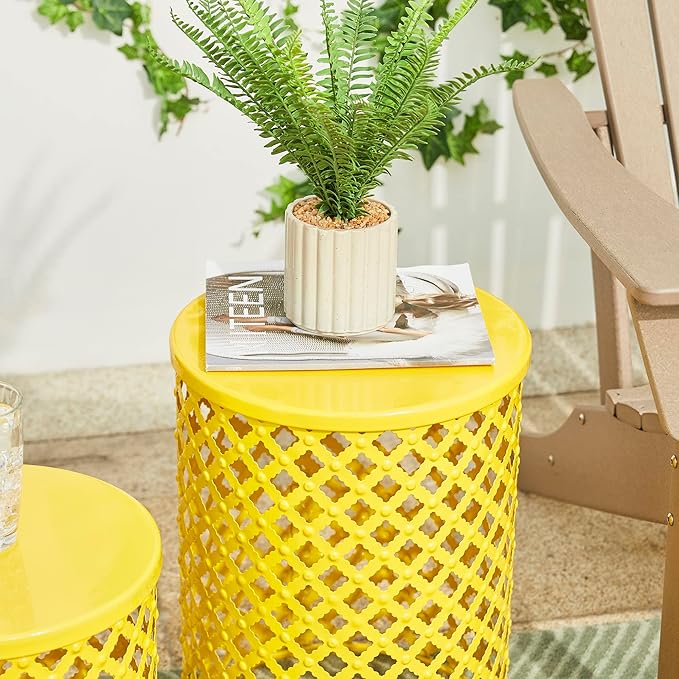 Glitzhome Outdoor Side Table Set of 2, Decorative Garden Stool for Indoor Outdoor Heavy Duty Metal Frame Accent Table Modern End Table, Yellow