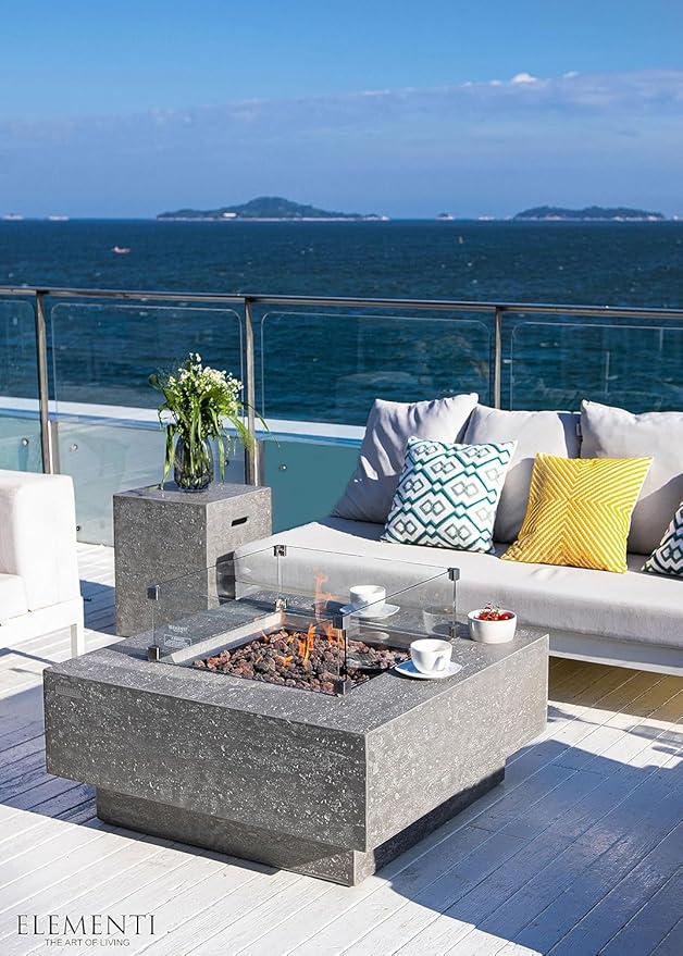 Elementi Manhattan Gas Fire Pit Cast Concrete Fire Table, Outdoor Fire Pit Electronic Ignition | Canvas Cover, Lava Rock Included | Free AMS Wind Guard | Light Gray (Natural Gas)