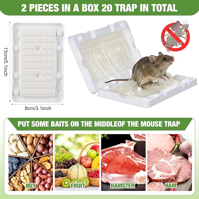 Qualirey 20 Pcs Baited Mouse Glue Traps Indoor for Home Adhesive Plastic Sticky Rat Traps Pads Bulk for House Pest Mice Rats Indoor Outdoor, Simple and Easy to Use (White)