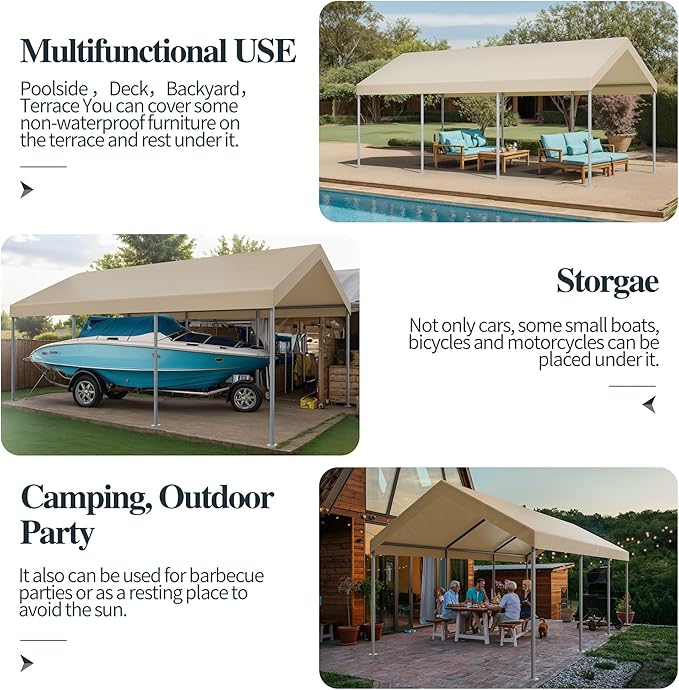 Shintenchi 10x20ft Heavy Duty Carport with UV Resistant Canopy, Powder-Coated Steel Frame, Easy to Assemble Portable Garage, Stable Carport for Car, Bike, Camp, Outdoor Storage (Khaki)