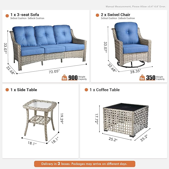 5 Pieces Patio Outdoor Furniture Set with Swivel Rocking Chairs,All Weather Wicker Rattan Patio Seating Sofa and Chair Set w/Glowing Table,Outdoor Conversation Sets for Deck Yard Garden,Blue