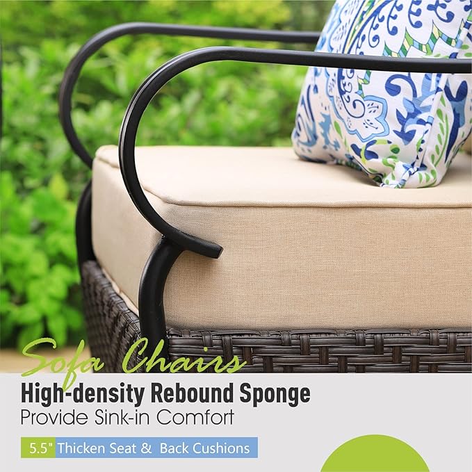 Sophia & William Extra Large Outdoor Patio Sofa Chairs Set 2 PCS Heavy-Duty Porch Furniture with High Back & Deep Seating Area, 5.5" Thicken Cushions for Deck, Lawn, Outside (Beige)