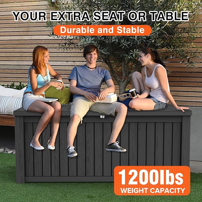 180 Gallon Waterproof Large Resin Deck Box Indoor/Outdoor Lockable Storage Container and Seating for Garden, Pool, and Patio (180 Gallon, Black)