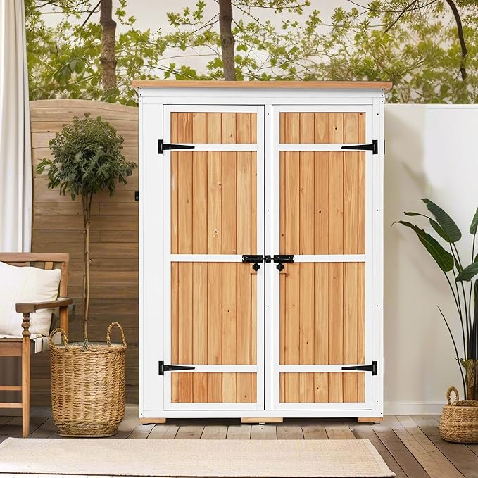 Harper & Bright Designs Outdoor Storage Cabinet Wood & Metal Garden Shed with Waterproof Roof and Sturdy Lockable Doors 59", Natural