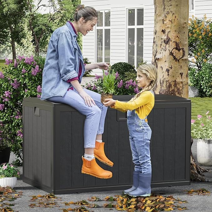 130 Gallon Outdoor Waterproof Storage Box Lockable Outdoor Storage Boxes Deck Storage Boxes for Package Delivery Deck Boxes for Patio Furniture, Garden, Tools - Faux Wood Grain Black