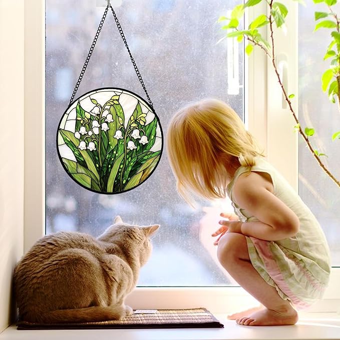 Stained Glass Window Hanging, Lily of The Valley Flower Sun Catchers Colorful Glass Panel Green Plants Suncatcher Decor for Birthday for Women,Men,Wife, Lovers, and Mom 7.8 in
