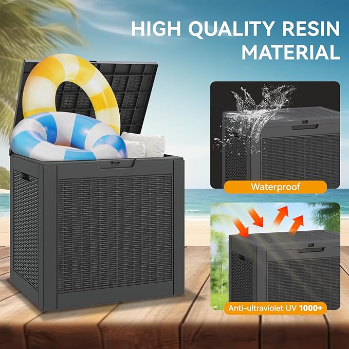 NUNU LAB 30 Gallon Waterproof Outdoor Storage Box, Lockable Resin Deck Box Bench for Patio Cushions, Garden Tools, Pool Accessories & Package Deliveries â Black