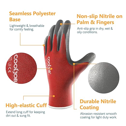 COOLJOB 10 Pairs Nitrile Dipped Safety Work Gloves with Grip, Non-slip Rubber Coated Bulk Garden Gloves for Men, Heavy-duty Oil Resistant for Truck Driver, Warehouse Box Handler, Small, Red Blue