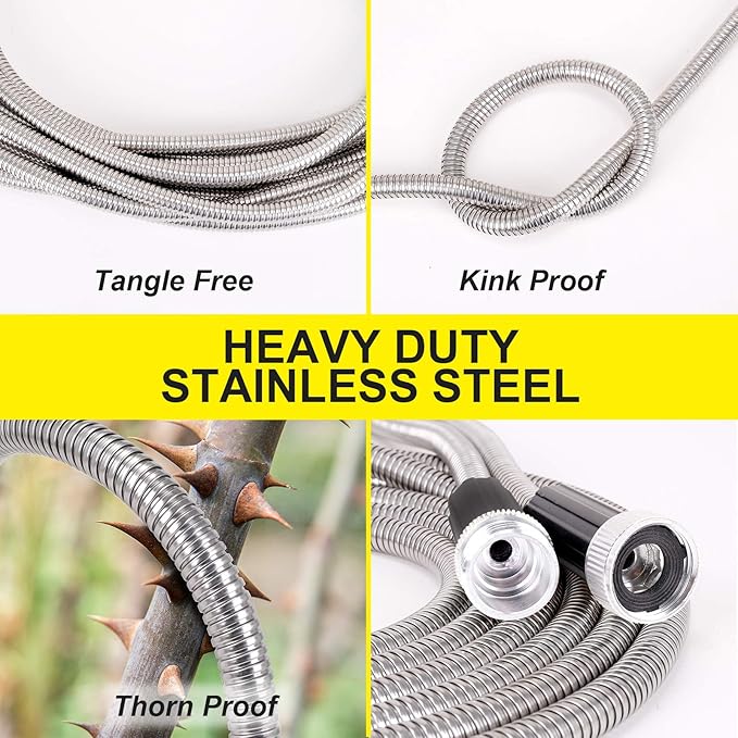 FOXEASE Metal Garden Hose 50 ft - Stainless Steel Water Hose with 2 Nozzles, Lightweight, Tangle Free & Kink Free, Heavy Duty, High Pressure, Flexible, Dog Proof