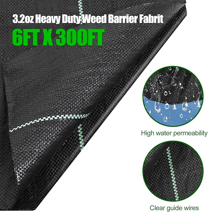 6ft x300ft Black Weed Barrier Landscape Fabric Heavy Duty 3.2OZ French Drain Fabric Ground Cover Weed Cloth for Erosion Control,Outdoor Gardening Weed Control Mat