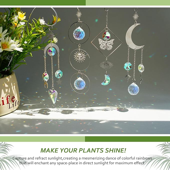 HDCRYSTALGIFTS 4 Pack Crystal Sun Catchers with Small Trellis for Potted Plants Indoor Plant Stake Suncatcher Decoration for Home Window Garden, Sliver