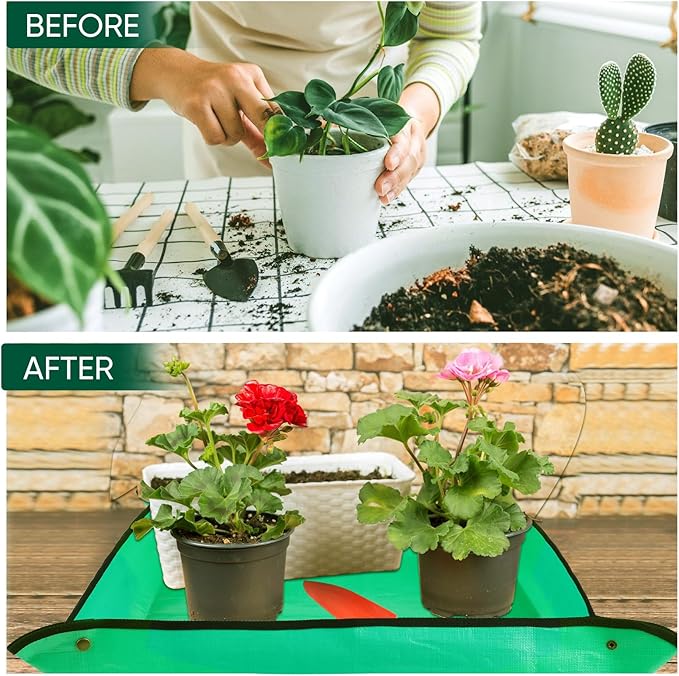 HKZ Repotting Mat for Indoor Plant - 39.5'' x 39.5'' Planting Soil Mess Control, Portable Succulent Planting Potting Tray Waterproof Gardening Bonsai Tools Transplanting(Pale Green)