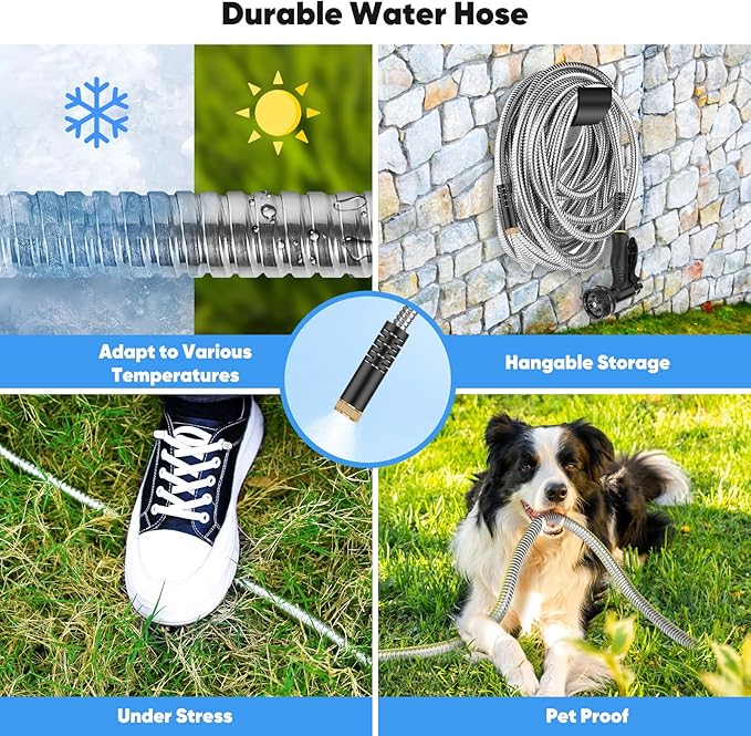 Garden Hose 50 FT, Metal Stainless Steel Water Hose with 10 Function Nozzles, No Kinks, Flexible Hose, Lightweight, Puncture Proof, Heavy Duty Hose for Yard and Outdoor