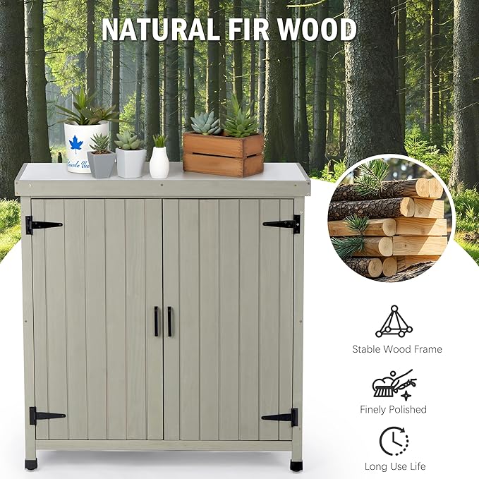 Outdoor Potting Bench with Metal Work Top,Waterproof Garden Storage Cabinet,Wooden Tool Station Shed for Backyard,Patio,Lawn Gardening