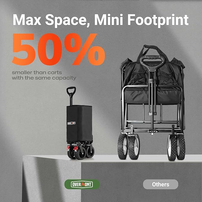 Overmont Ultra-Compact Collapsible Wagon Cart -200L Portable Folding Wagon with All-Terrain Wheels Utility for Beach, Grocery Shopping, Camping, and Gardening โ 330lbs Load Capacity Black