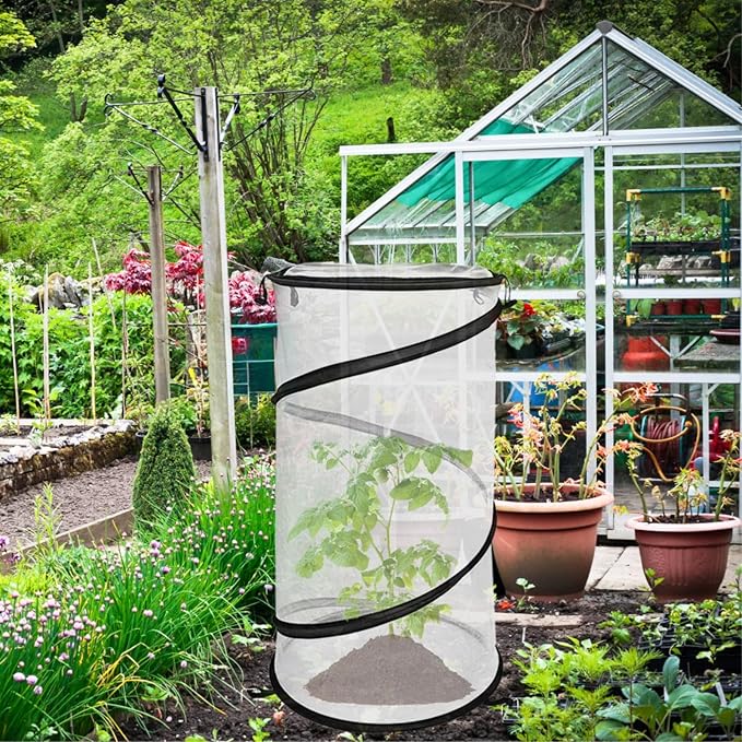 4 Pack Pop Up Plant Covers from Animals, 12"x 24"Round Foldable Insect Barrier Net Garden Plant Protectors with Stakes & Zipper, Bird Protection for Outdoor Vegetables Flowers Fruits Plants