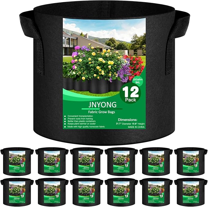 NYONG 12-Pack 25 Gallon Thickened Non-Woven Grow Bags, Aeration Fabric Pots with Handles(Black)