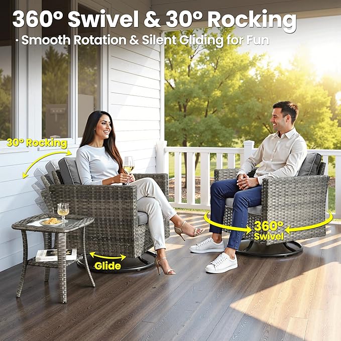 ovios 10 Pieces Patio Furniture Set with Swivel Chairs Rocking Gliders, 54" Fire Pit Table, Outdoor Sofa Couch with Solar Lights Table, Modern Deep Seat Wicker Rattan Conversation Set, Dark Grey
