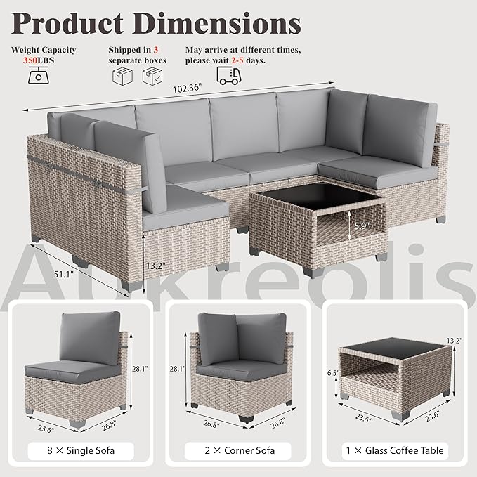 11 Pieces Patio Furniture Set, Outdoor Sectional Wicker Sofa with Thick Cushions and Storage Coffee Table, Rattan Patio Conversation Sets for Deck Garden Poolside, Grey