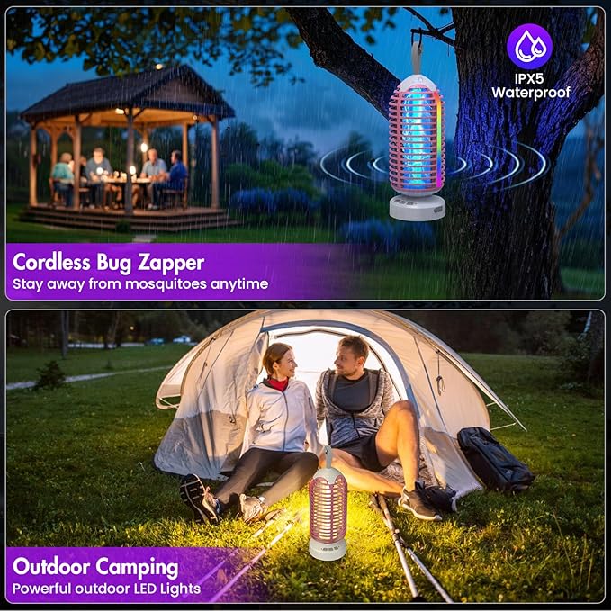 Bug Zapper Outdoor with Colorful Lighting and Auto-Sensing, 3 in 1 Cordless 4000mAh Battery Electric Fly Trap, Rechargeable Mosquito Zapper for Camping, Patios, Garden, Kitchen (2Pack-Pink)