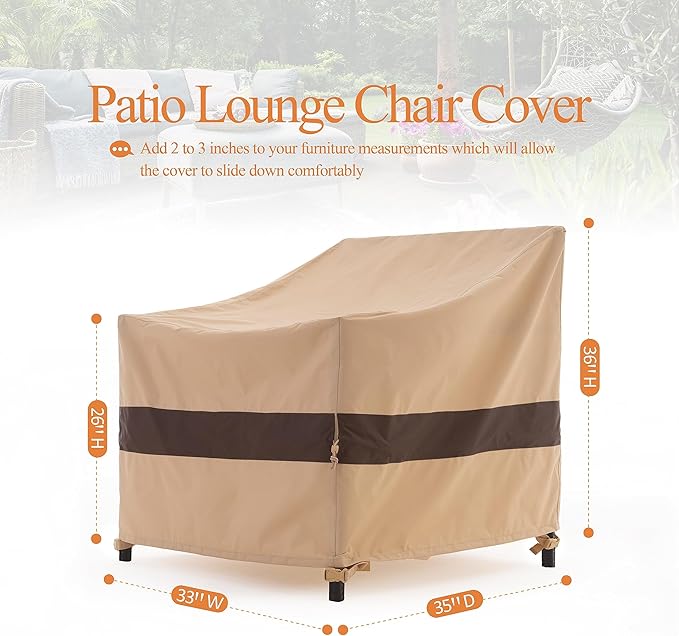 Patio Chair Cover, Outdoor Lounge Cover, Heavy Duty, Waterproof Lawn Chair Covers, 33W x 35D x 36H, Beige/Coffee, 2-Pack